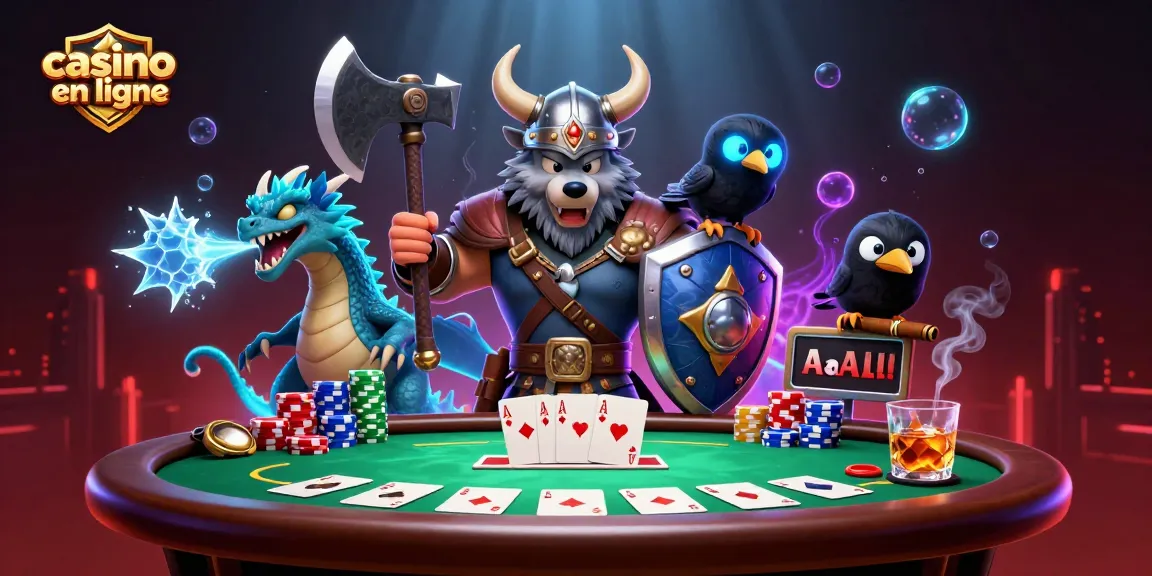 Profitez des jeux dans un casino en ligne avec une illustration dynamique de guerriers et dragons.