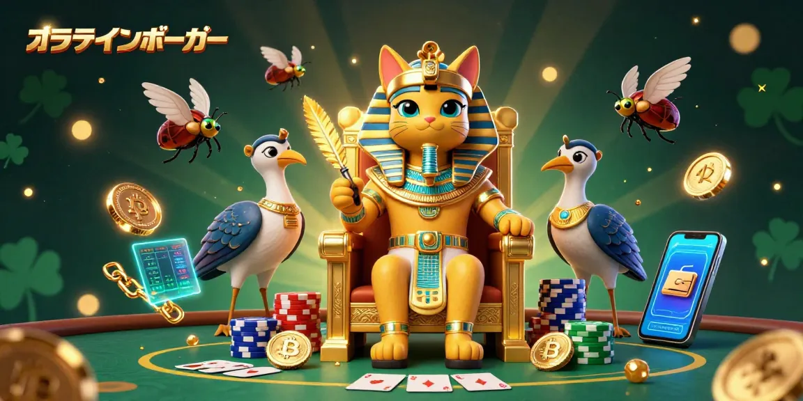 オンラインポーカーでの戦略を示す、3Dカートゥーンイラスト。王座に座るエジプトのファラオ猫とともに、ポーカーの取り組みを体現しています。