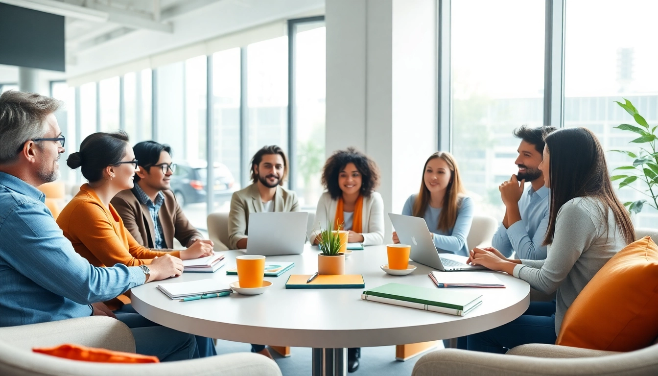 Engaging business coaching service session with diverse participants collaborating in a bright office.