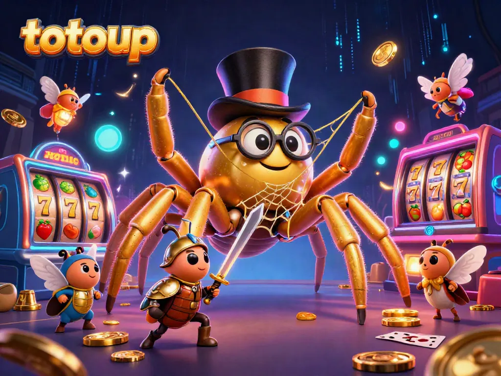 Spin to win with totoup's vibrant casino scene featuring a golden tarantula and beetle knight.