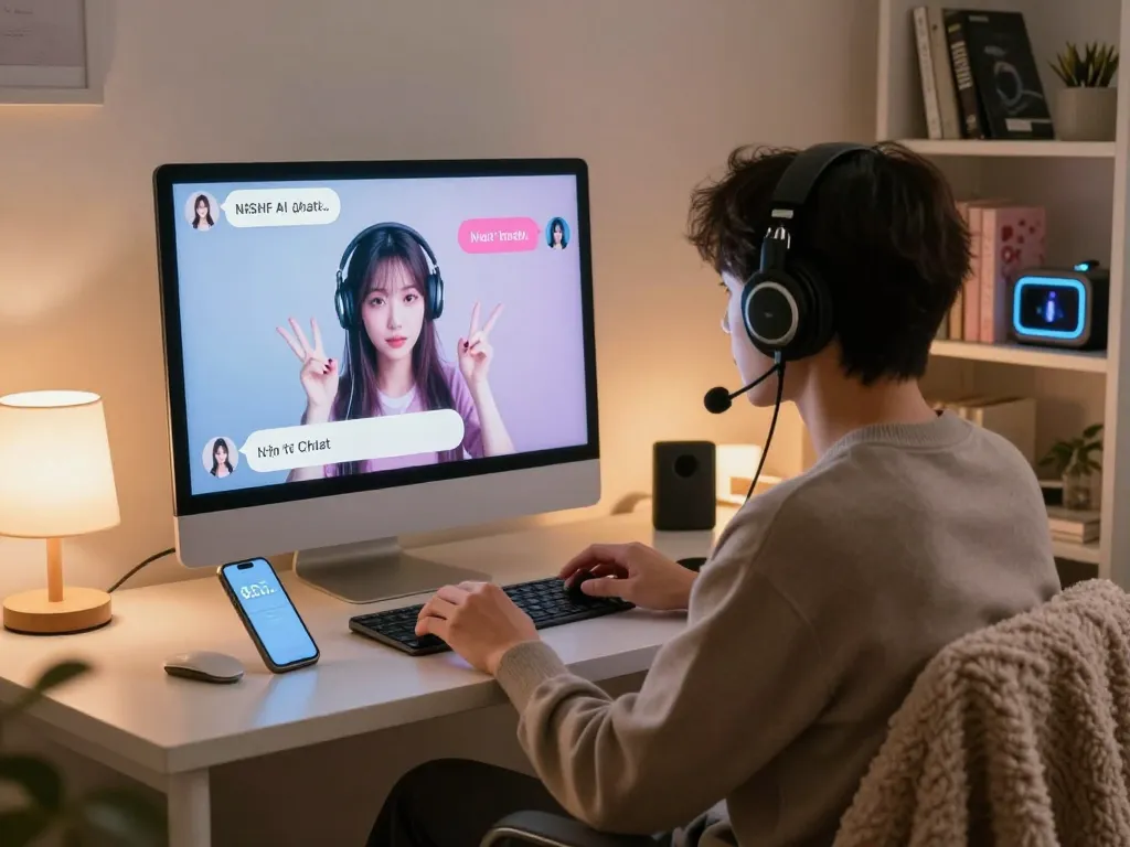 Engaging in NSFW AI chat, a person interacts with an animated character in a cozy room.