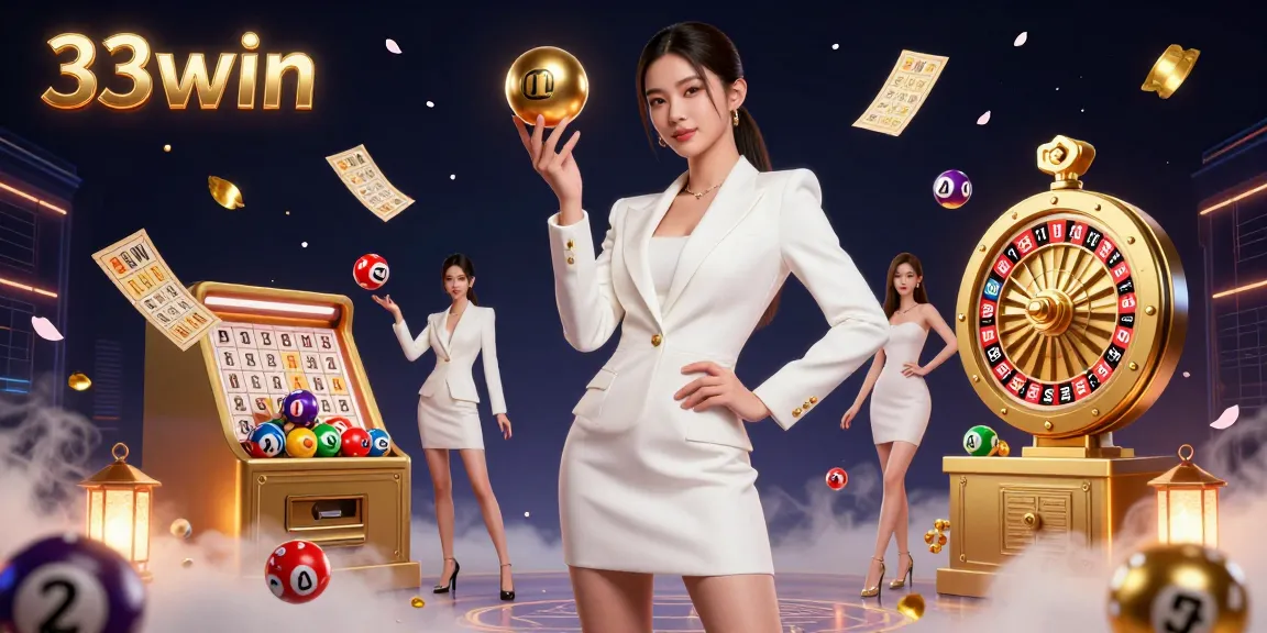 Experience the excitement of 33win's online casino with vibrant, dynamic gaming elements and a confident dealer.