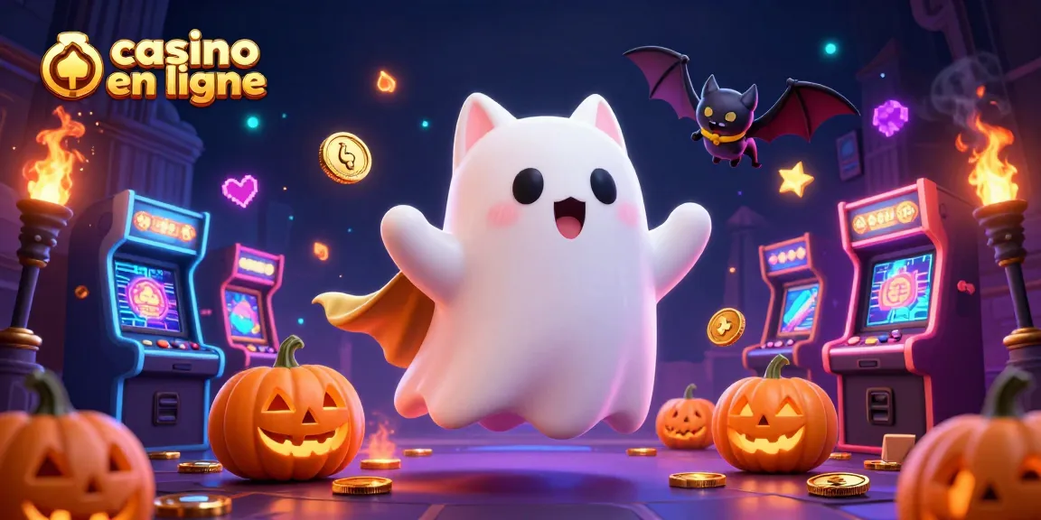 Un chat fantôme flottant joue au casino en ligne, entouré de machines à sous et de joyaux lumineux.