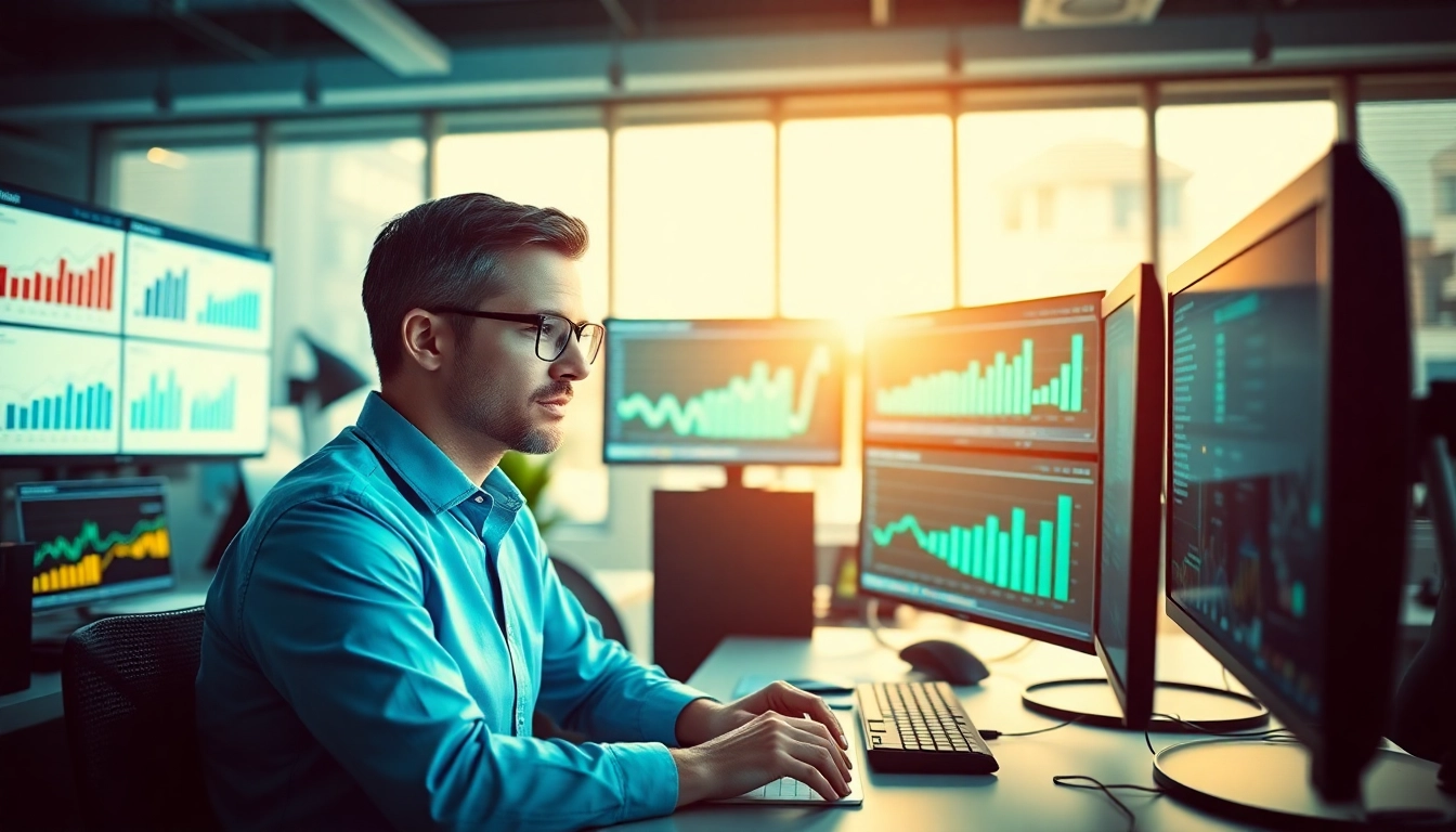 Data analyst leveraging AI for competitor analysis in a high-tech office environment.