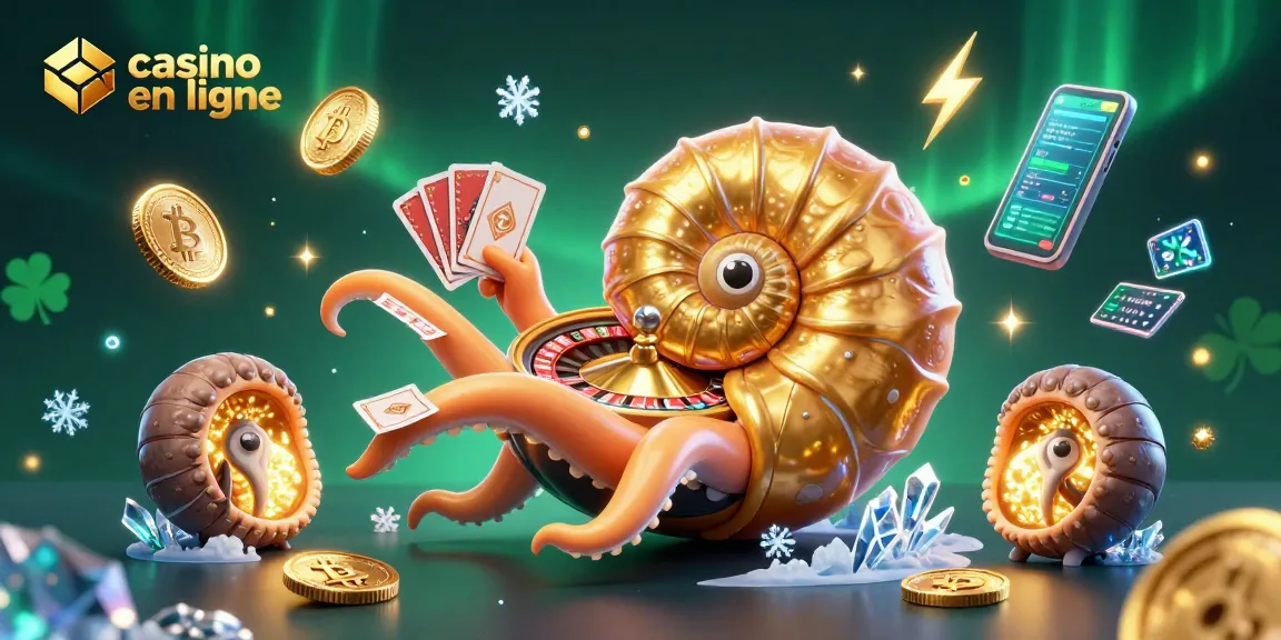 Pariez avec "casino en ligne" illustrant un nautilus géant et des pièces de crypto-monnaie.