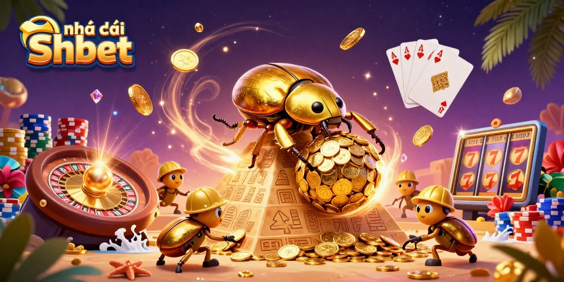 Experience thrilling gameplay with Nhà cái Shbet, featuring a golden dung beetle in an immersive casino scene.