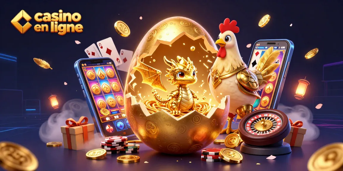Casino en ligne : Une dragonne dorée dans un œuf au milieu de jetons et jeux, une scène captivante.