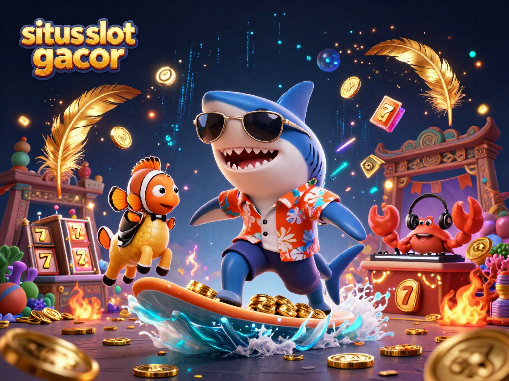 Join the fun at situs slot gacor with a vibrant scene of a shark and friends riding gold coins.