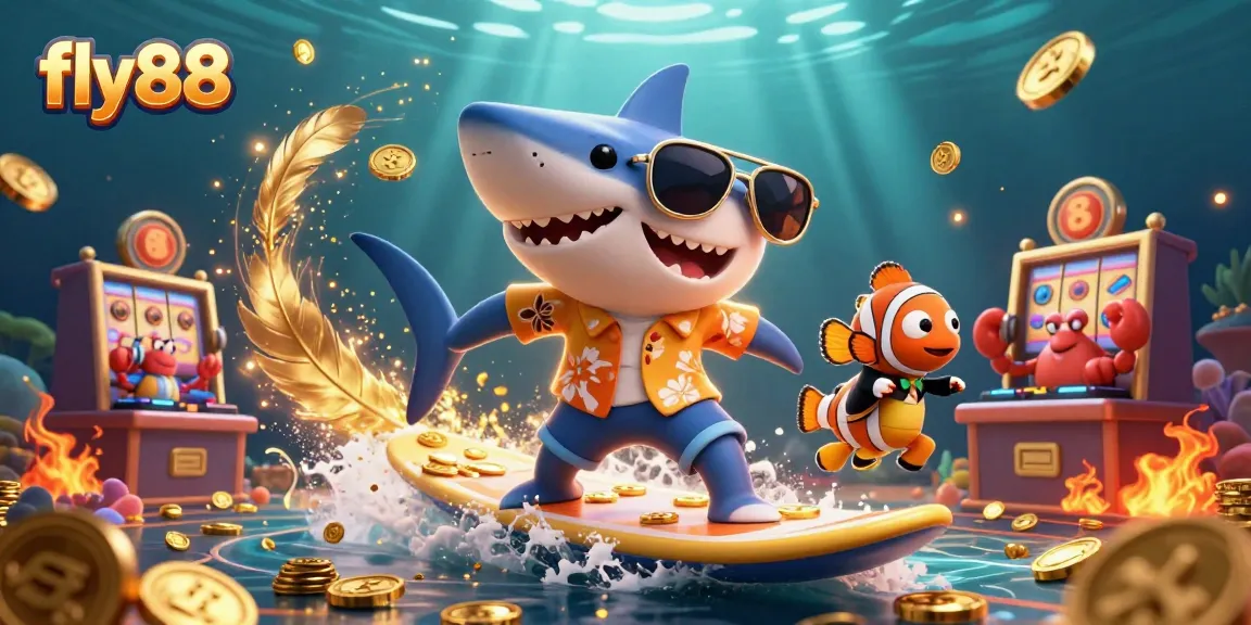 Experience excitement with fly88, a vibrant casino scene featuring a shark and fish in action.