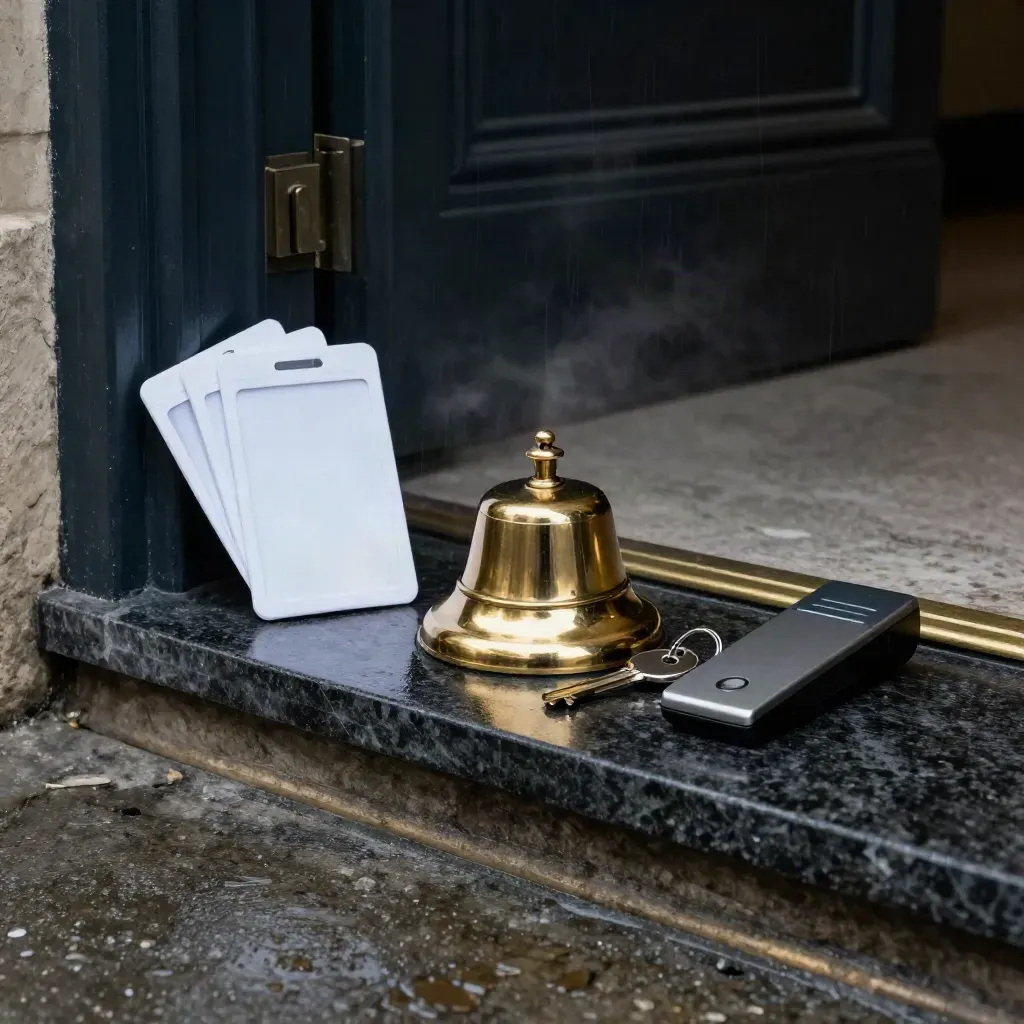 Brass visitor bell and access hardware on a rain-damp stone threshold at dawn.