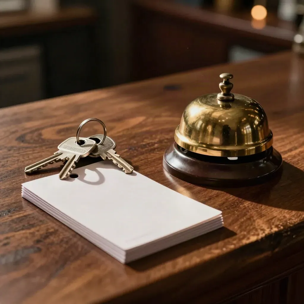 Brass reception bell, key tags, and blank visitor passes on smoked walnut