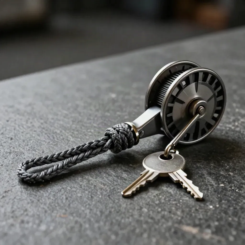 Macro of a rope connector, lanyard reel and key set on brushed stone in dark haze.