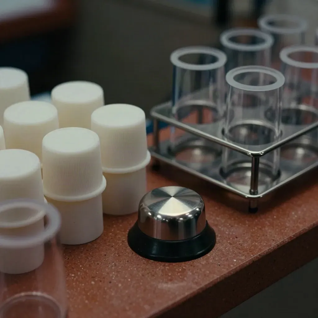 Top-down macro of clinic probe caps, specimen cup rack, and a steel alert chime on dark stone.