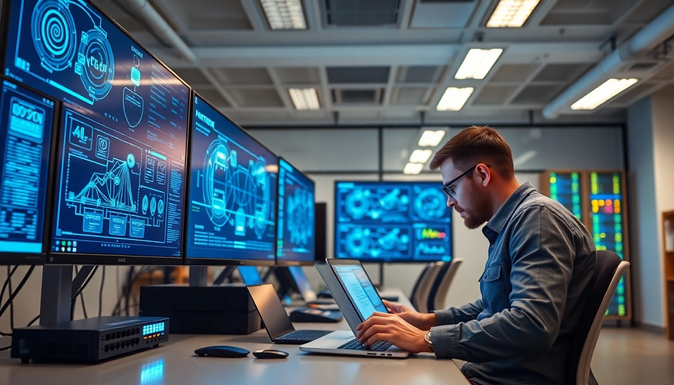 Visualize a dynamic network infrastructure setup with a technician analyzing data in a modern workspace.