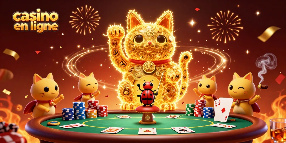 Visualisez un chat porte-bonheur dans un casino en ligne vibrant avec des feux d'artifice.