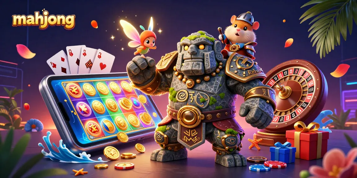 Engage with exciting mahjong gameplay featuring dynamic visuals of characters, coins, and slot machines.