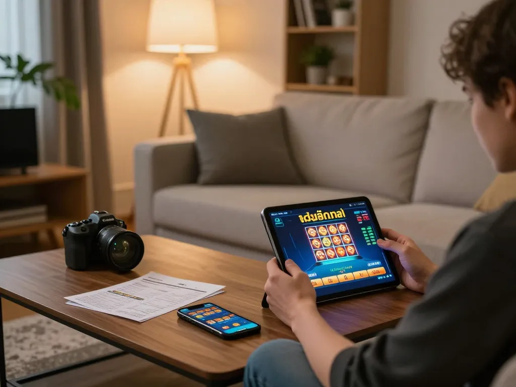 Engaging in online gambling using เว็บตรงสล็อต on a tablet in a cozy home setting