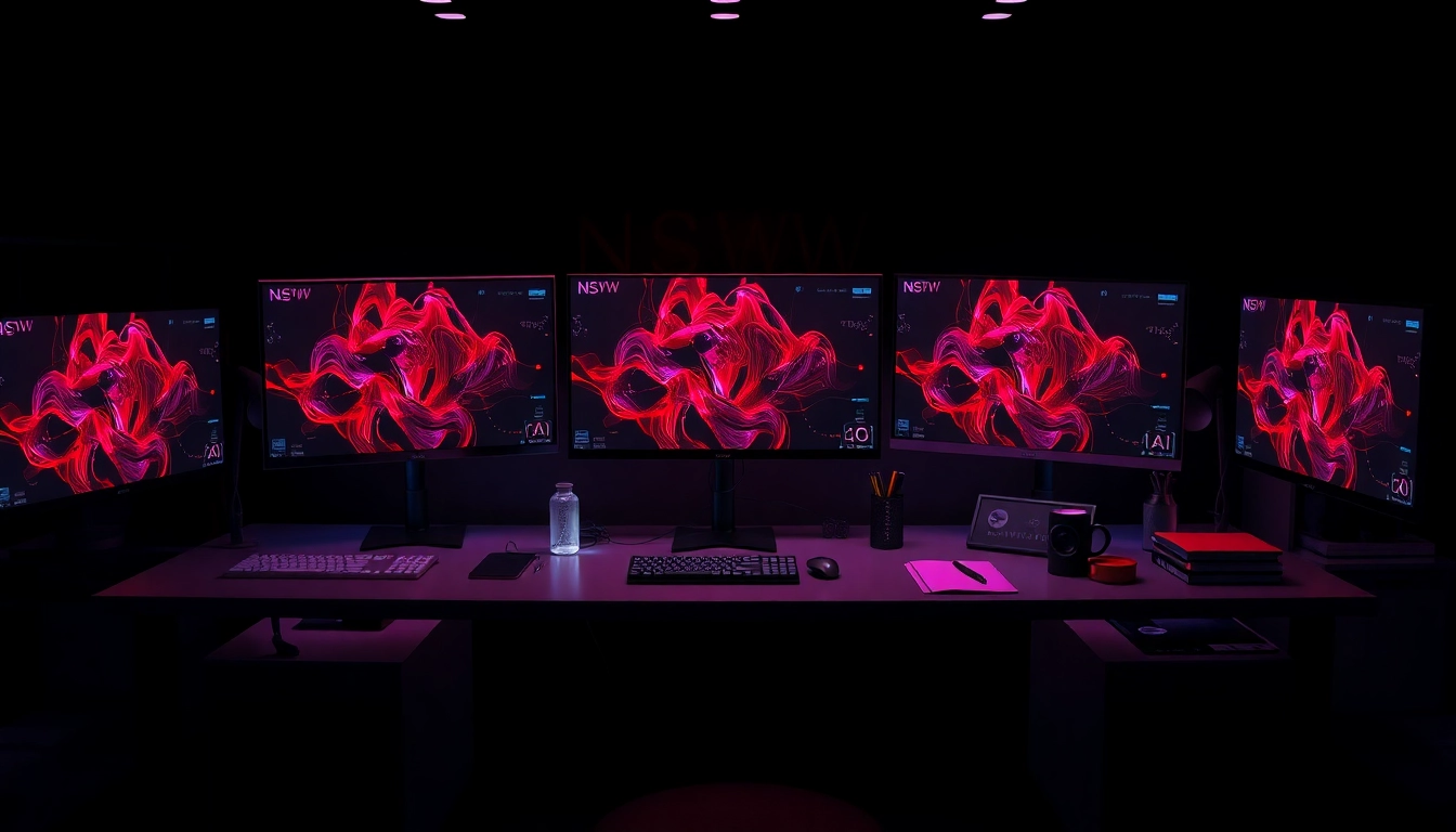 Creative NSFW AI content generation workspace with monitors and digital art