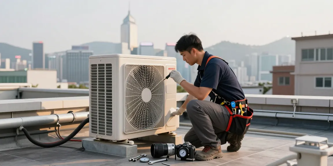 Professional HVAC maintenance Hong Kong technician servicing air conditioning unit on rooftop with city skyline