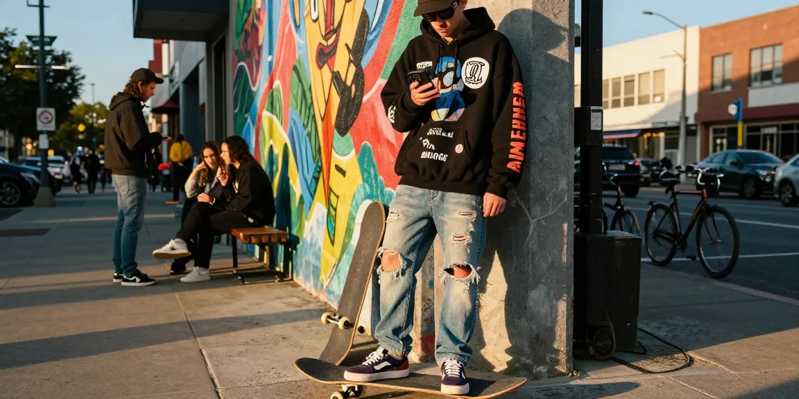 Fashionable streetwear look featuring kw rokok88 super designs, vibrant urban backdrop.