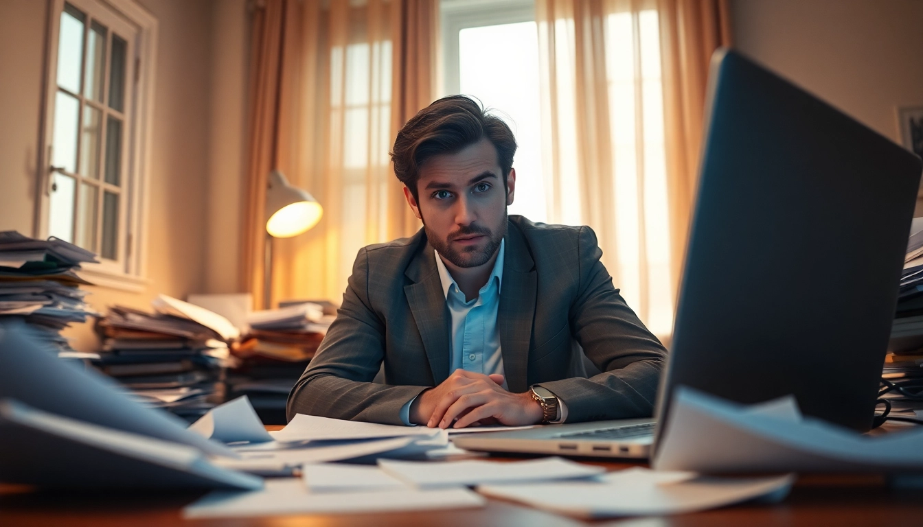 Depicting the struggle with brain fog, an individual is perplexed at a cluttered desk, symbolizing cognitive confusion.