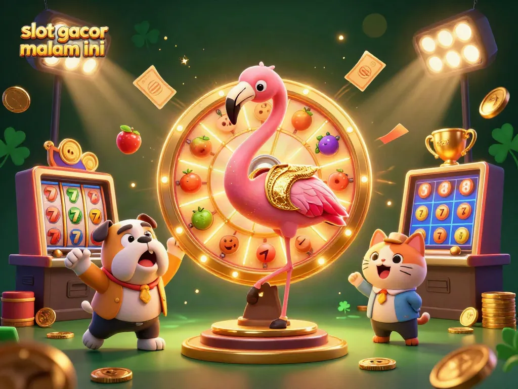 Permainan slot gacor malam ini dengan karakter kartun 3D yang menarik dan elemen kasino berkilau.