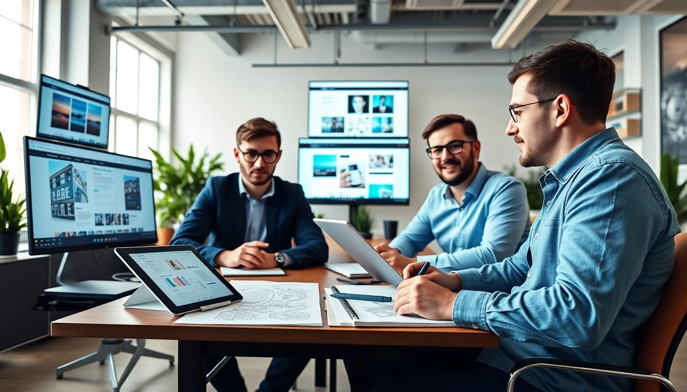 Creative team of Website Designers Hereford collaborating with modern design tools in a professional office setting.
