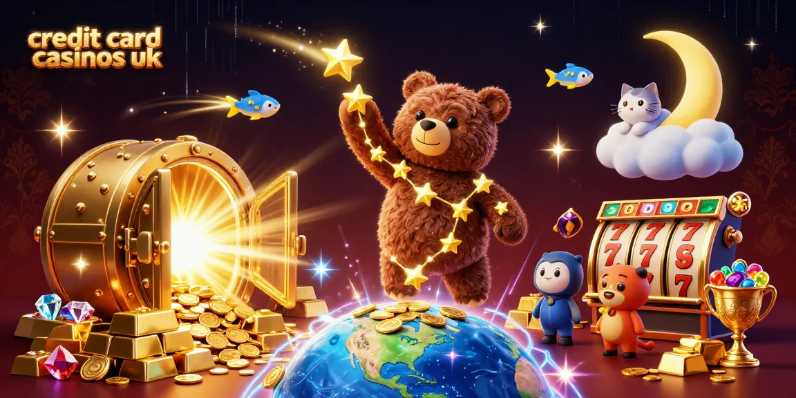 Experience excitement at credit card casinos uk with a celestial bear collecting glowing treasures amid vibrant gaming elements.