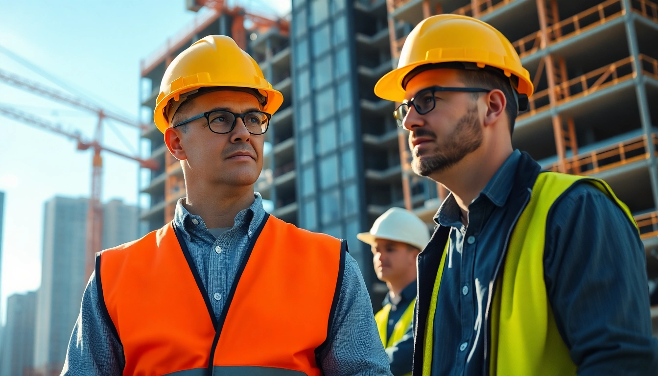 New York Construction Manager leading a team in an active construction site.