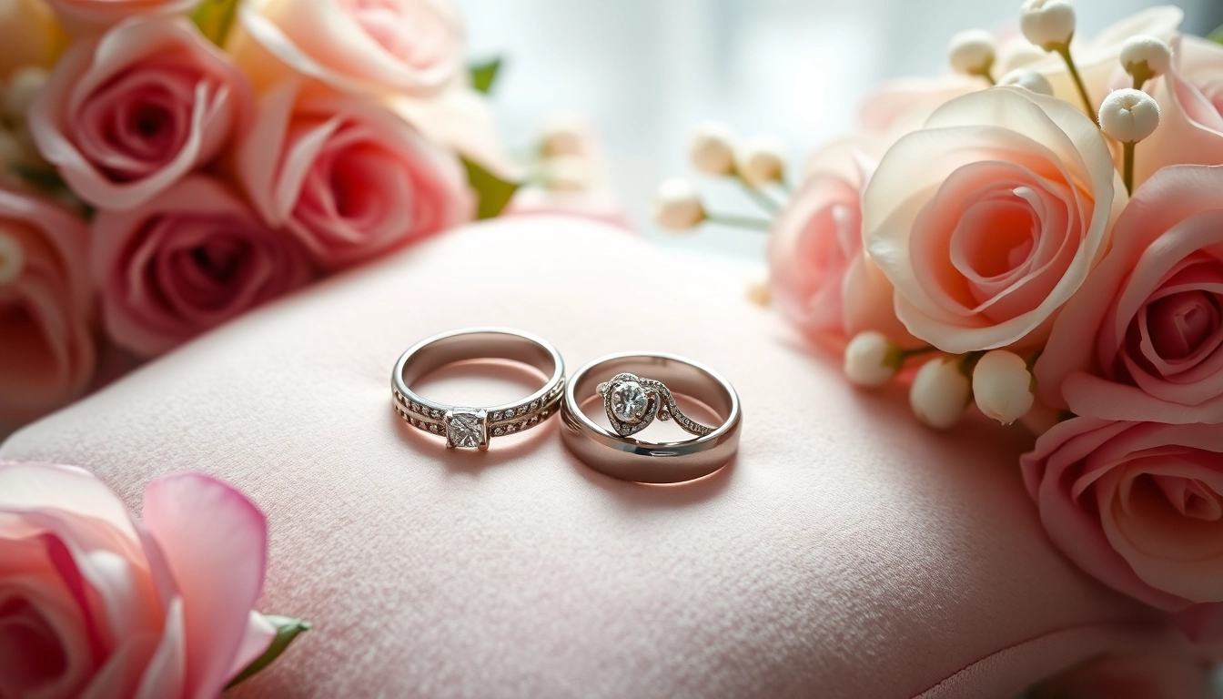 Showcase of couple rings on a velvet cushion amidst flowers, complementing their exquisite design.