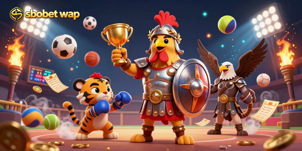 Engage in sbobet wap mobile betting with a vibrant, dynamic 3D sports-themed illustration.