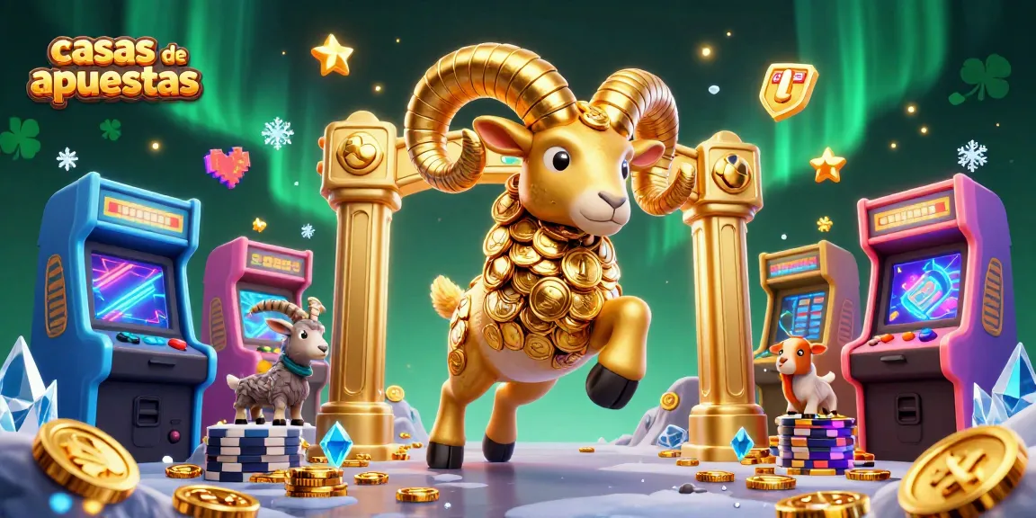 Explora las casas de apuestas con una ilustración vibrante y rica en detalles, mostrando un carnero dorado y elementos de casino, ideal para apostadores.