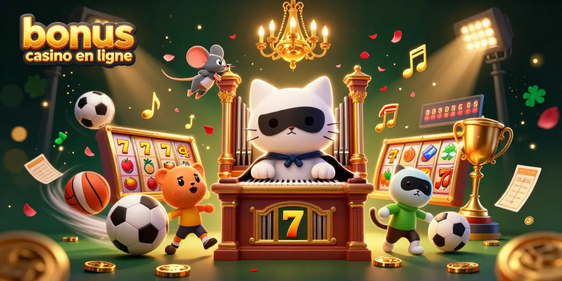 Bonus casino en ligne illustrant un chat fantôme jouant au casino avec des éléments de jeu colorés et dynamiques.