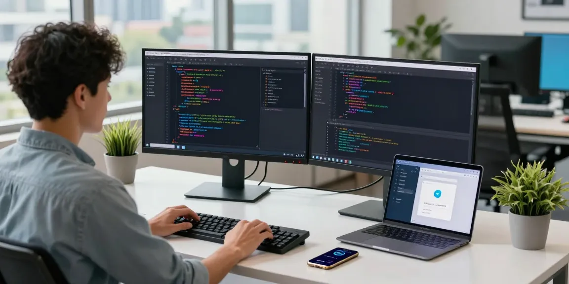 Engaging workspace with developer coding on dual monitors showcasing 纸飞机中文版 in a modern office environment.