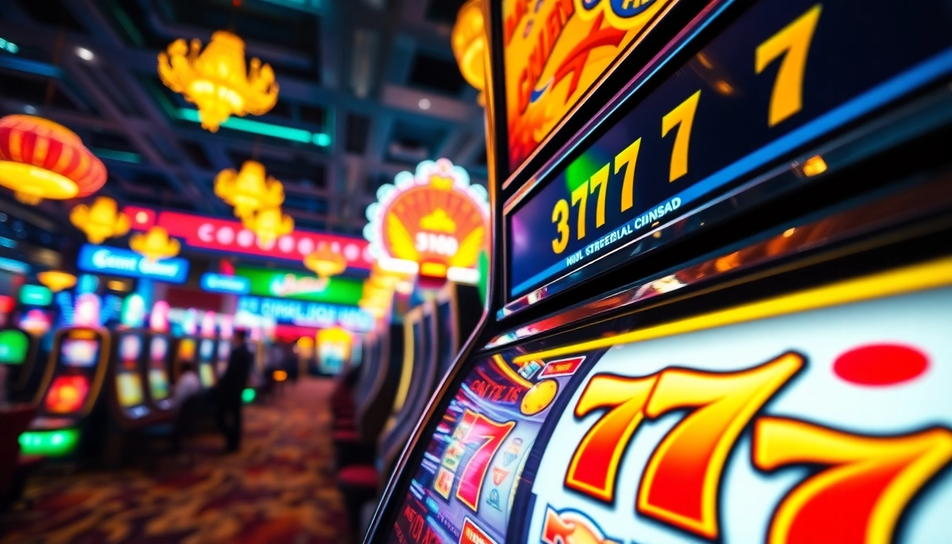 Berhasil bermain slot 777 dengan mesin permainan kasino yang bersinar dan penuh warna.