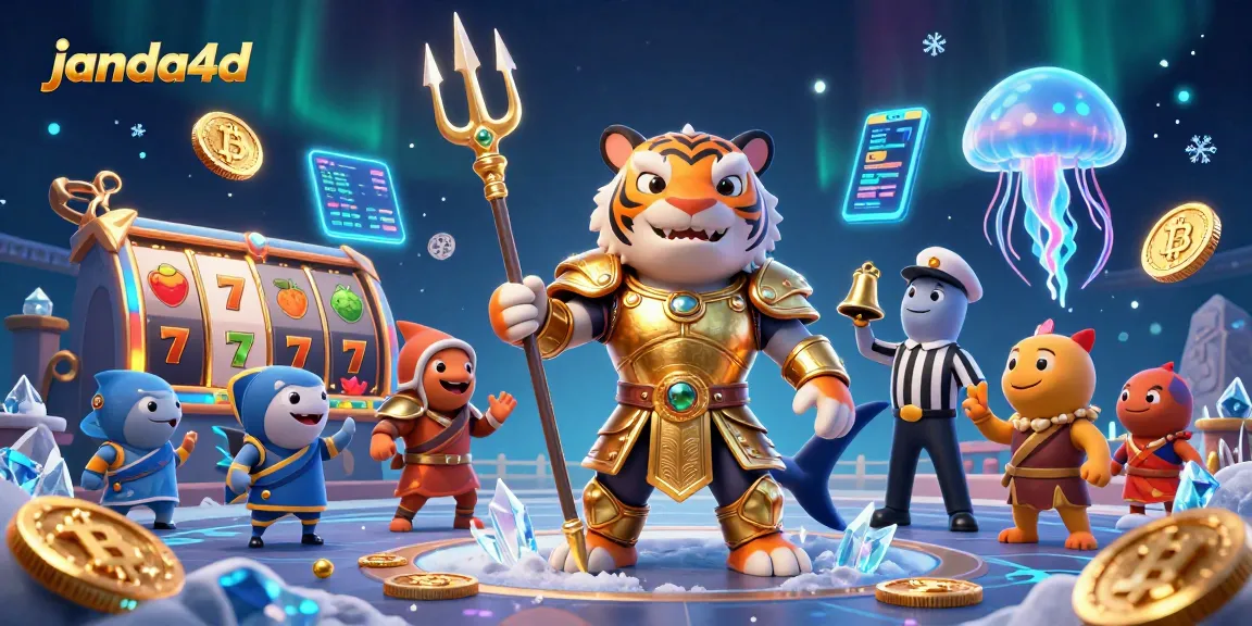 Mengakses berbagai game slot di janda4d dengan karakter ikan hiu dan elemen kasino menarik