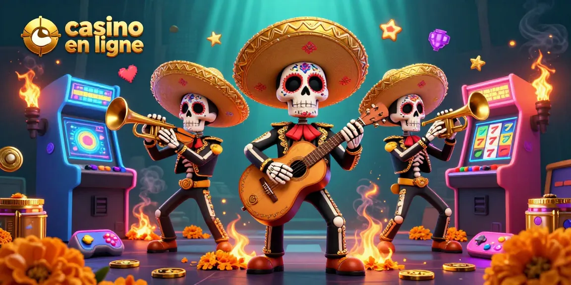 Vivez l'excitation des jeux de casino en ligne avec une illustration colorée de mariachi et de machines à sous.