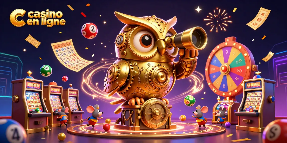 Jouez sur le casino en ligne avec une illustration animée d'une chouette dorée et des robots, remplie de jeux et de loteries.