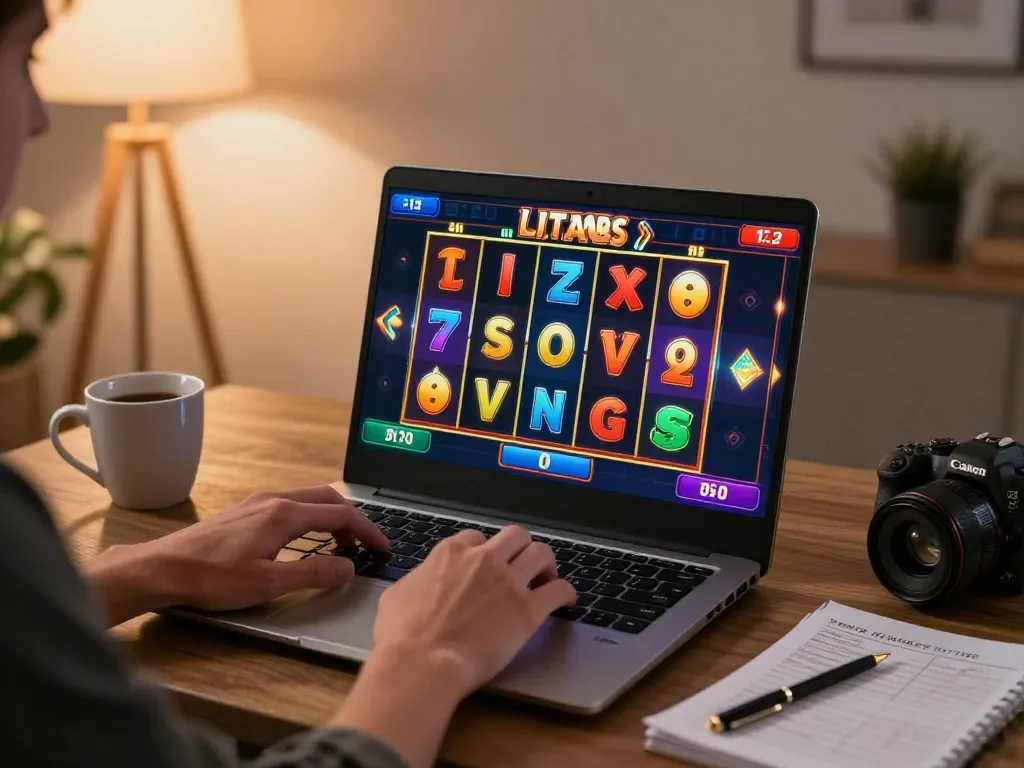 Experience online slots as players spin colorful reels in a cozy home setting, enhancing gaming enjoyment.