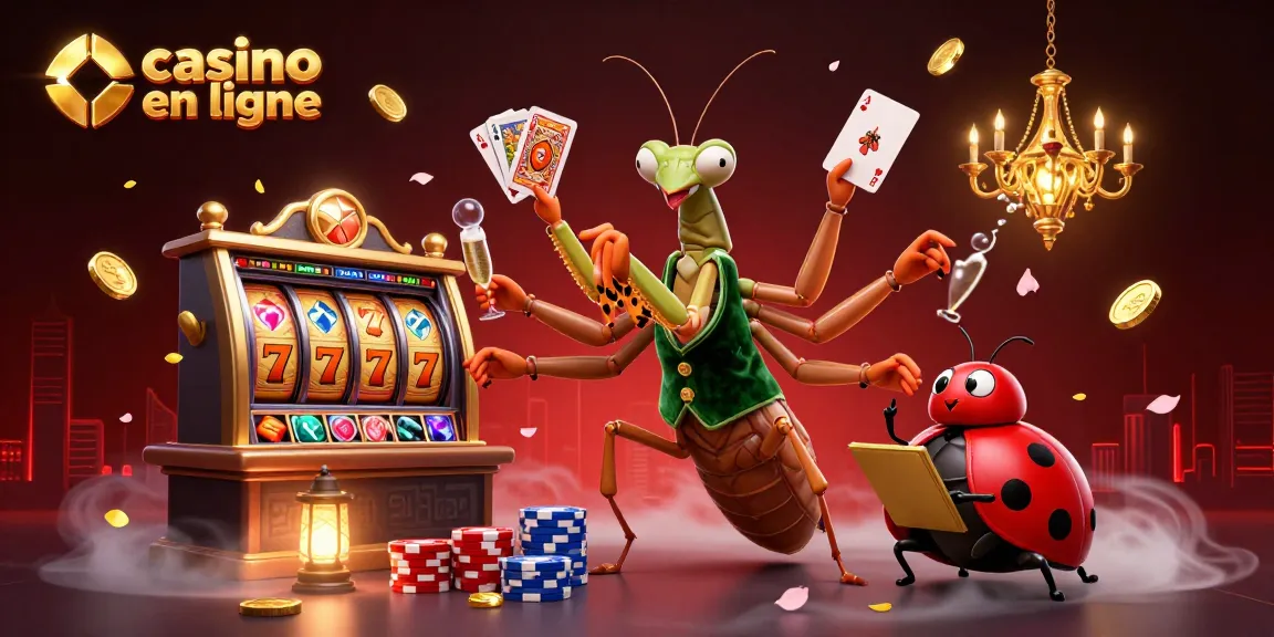 Jouez aux jeux de casino en ligne avec une scène dynamique de mante religieuse, une coccinelle et des éléments de jeu colorés.