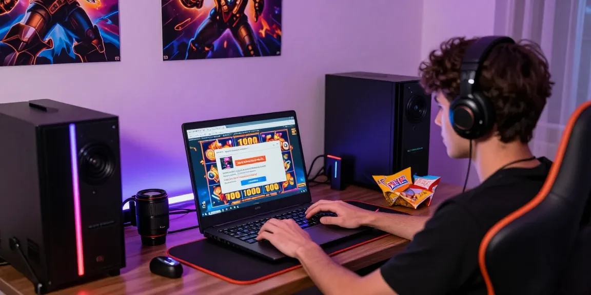 Player enjoying online slot deposit 1000 game on a laptop surrounded by gaming accessories and vibrant decor
