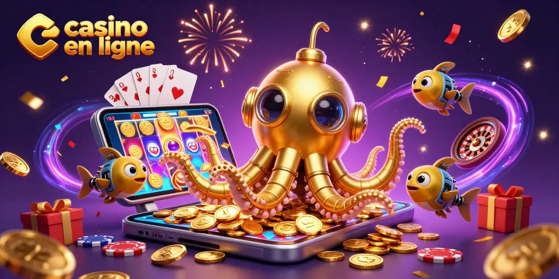Jouez à des jeux captivants de casino en ligne avec une illustration dynamique de kraken doré, jetons et smartphones.