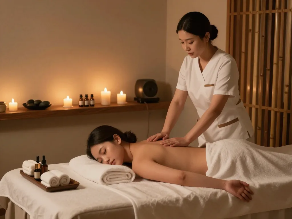 편안한 조명과 자연 친화적인 장식이 어우러진 고요한 스파 환경에서의 relaxing 강남마사지 세션.