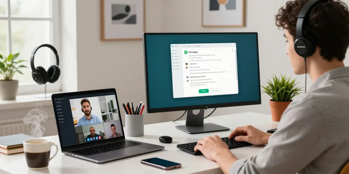 Engaging with WhatsApp電腦版 on a stylish home office desktop setup, showcasing productivity and modern tech integration.