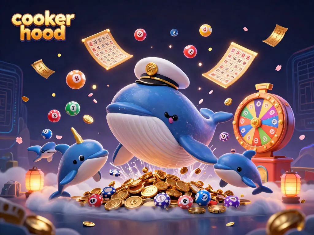 Experience the thrill of gambling with a playful scene featuring a cooker hood-themed whale amid vibrant casino elements.