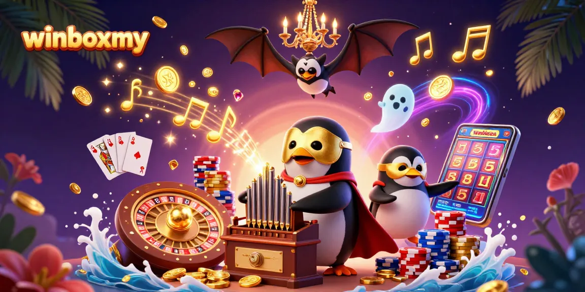 Experience thrilling gameplay with winboxmy, featuring a lively 3D penguin playing an organ amidst a flurry of gold coins.