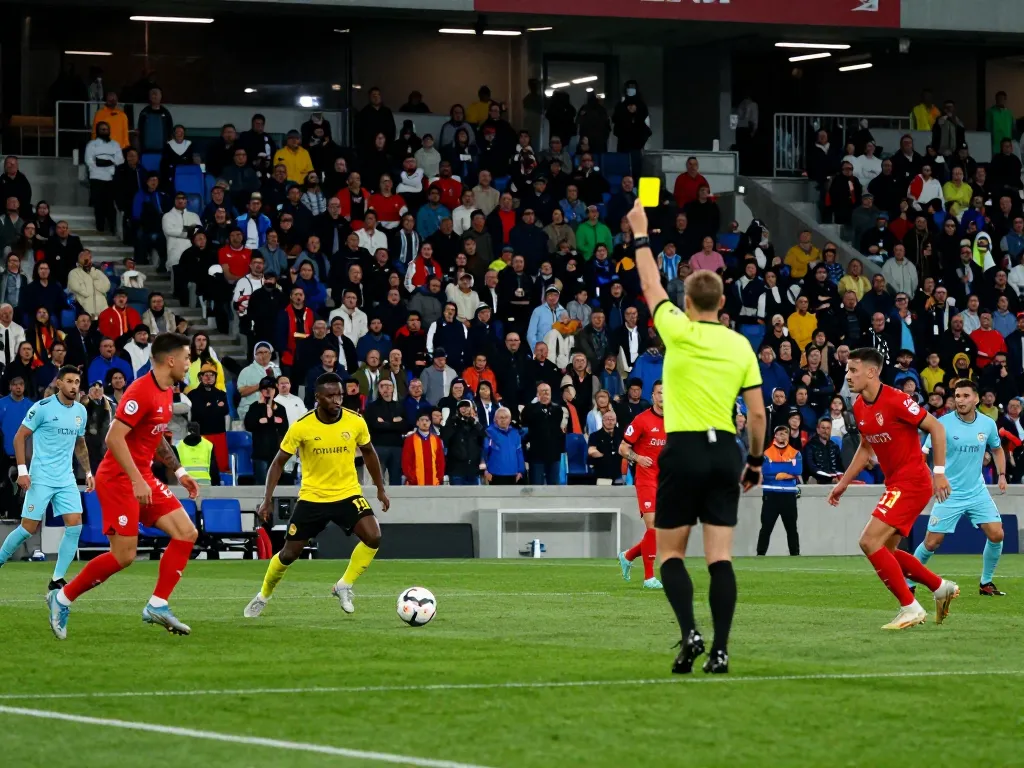 Soccer players facing off as a referee shows Luật Thẻ Vàng – Thẻ Đỏ during an intense match.