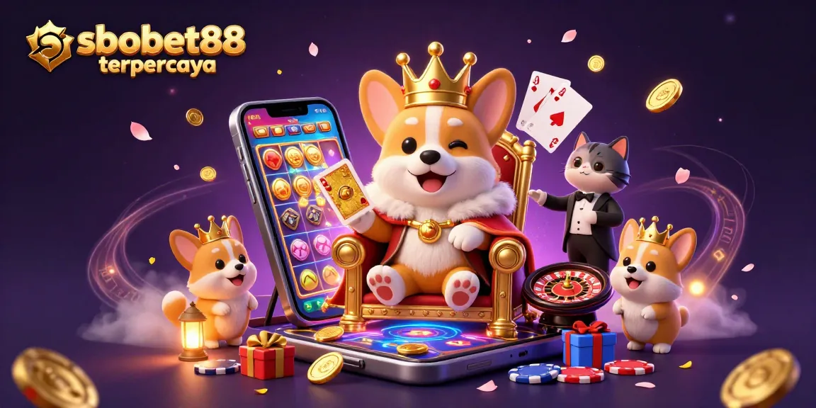 Experience sbobet88 terpercaya with a 3D illustration of a royal corgi ruling the casino world.