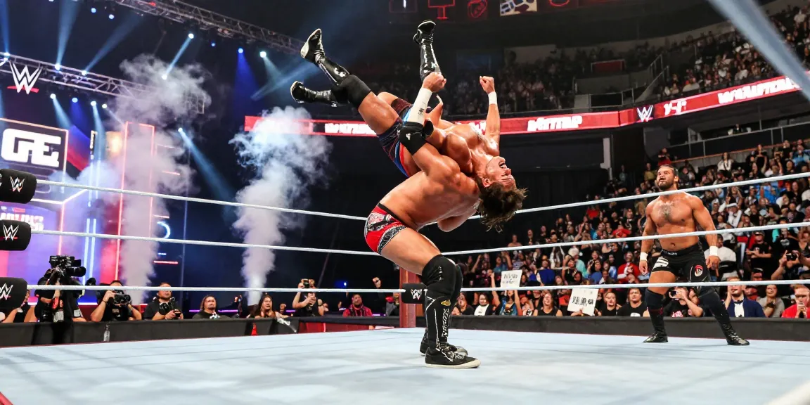 WWE wrestlers in action during an electrifying live event.