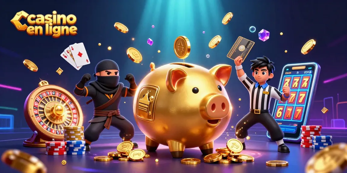 Faire tourner les rouleaux sur un casino en ligne avec une grande tirelire et un ninja.